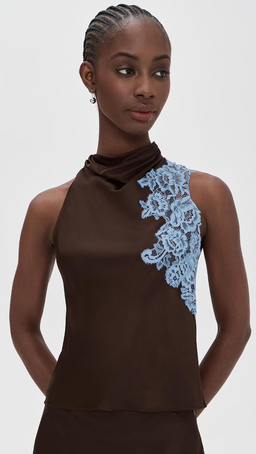 Women's Mock Neck Lace Panel Satin Top, Brown Women's Mock Neck Lace Panel Satin Top, Brown