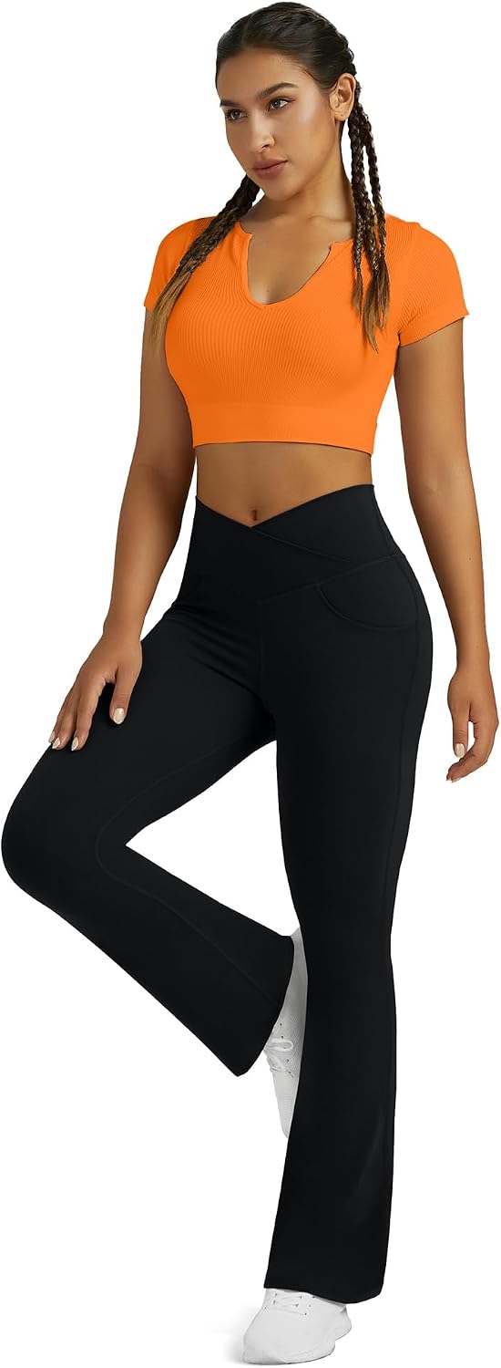 Women's Crossover Waist Flare Leggings with Pockets (Black)