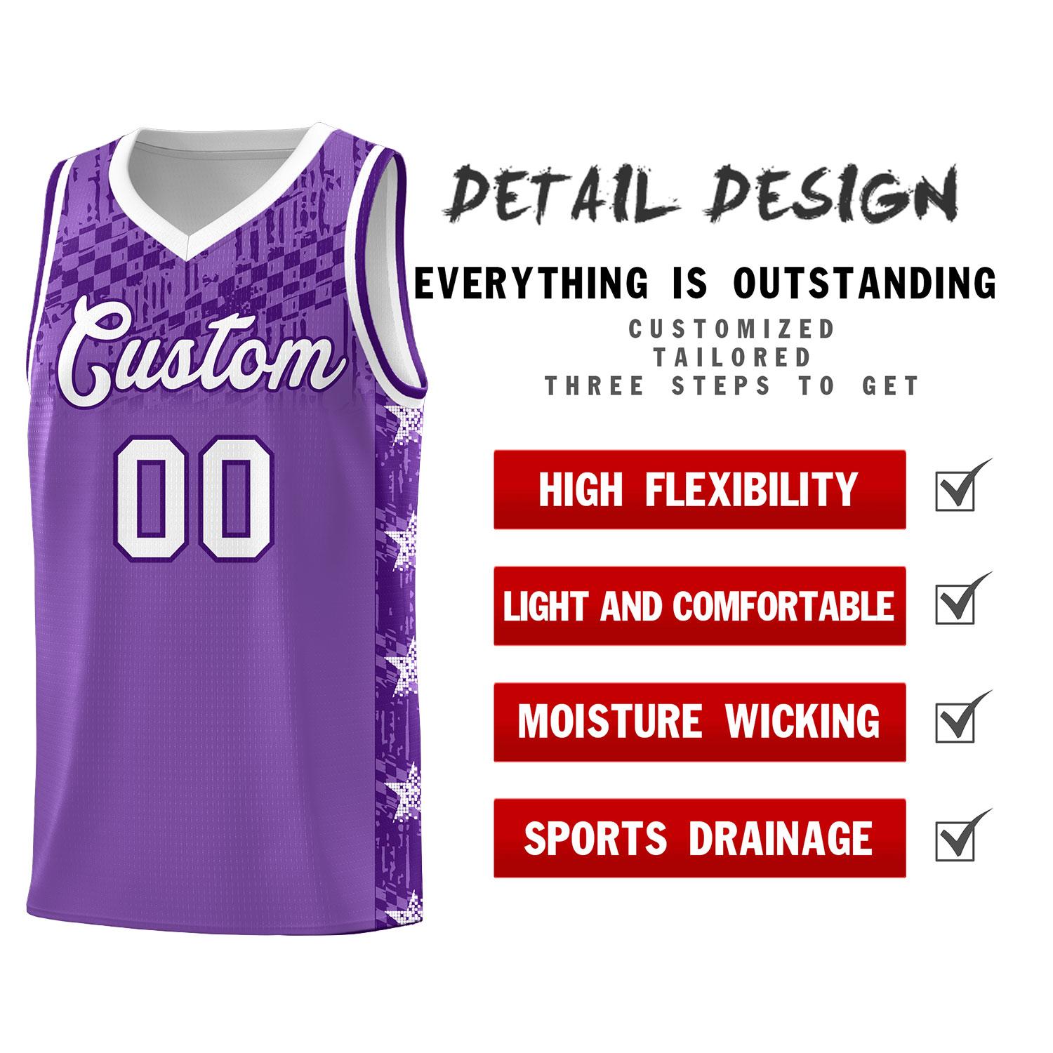 Benutzerdefiniertes hellviolettes Mosaik-Sternmuster-Sportuniform-Basketballtrikot
