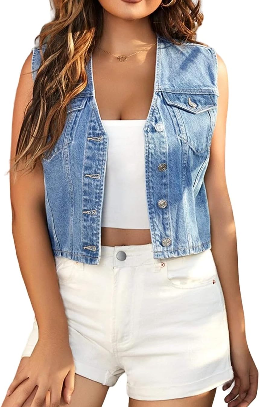 Women's Cropped Denim Vest V Neck Button Jean Waistcoat