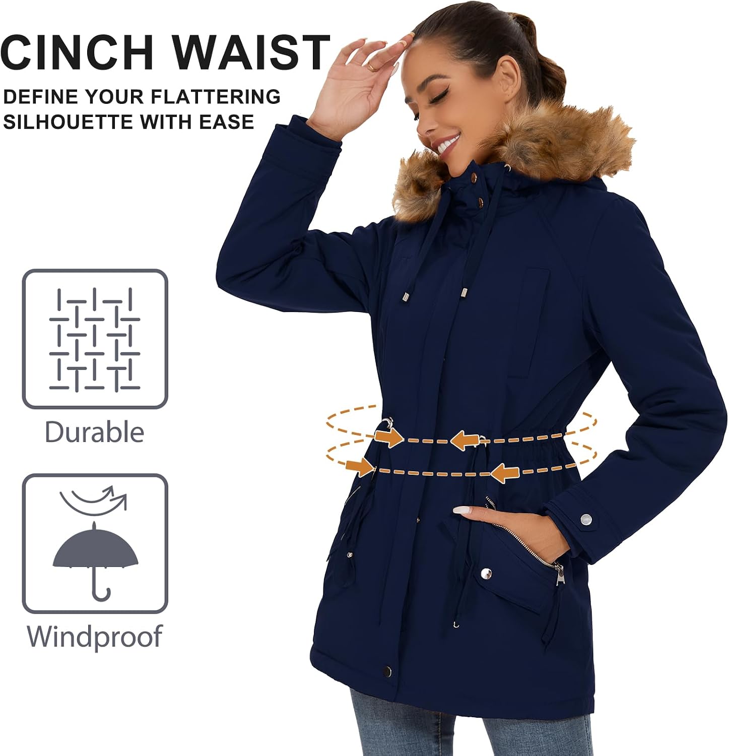 Women's Sherpa Lined Parka Coat Faux Fur Hood Navy
