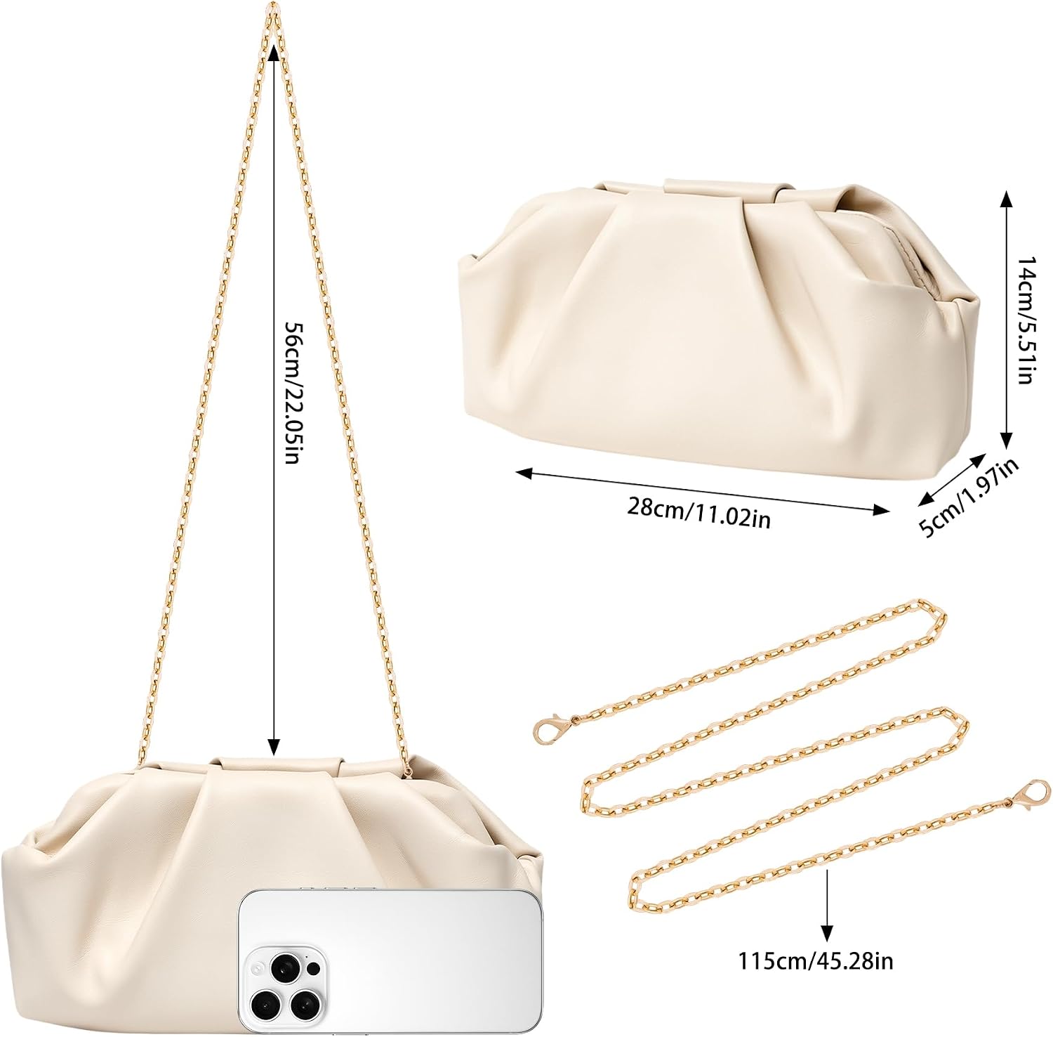Women's Ruched Cloud Clutch Purse with Detachable Gold Chain