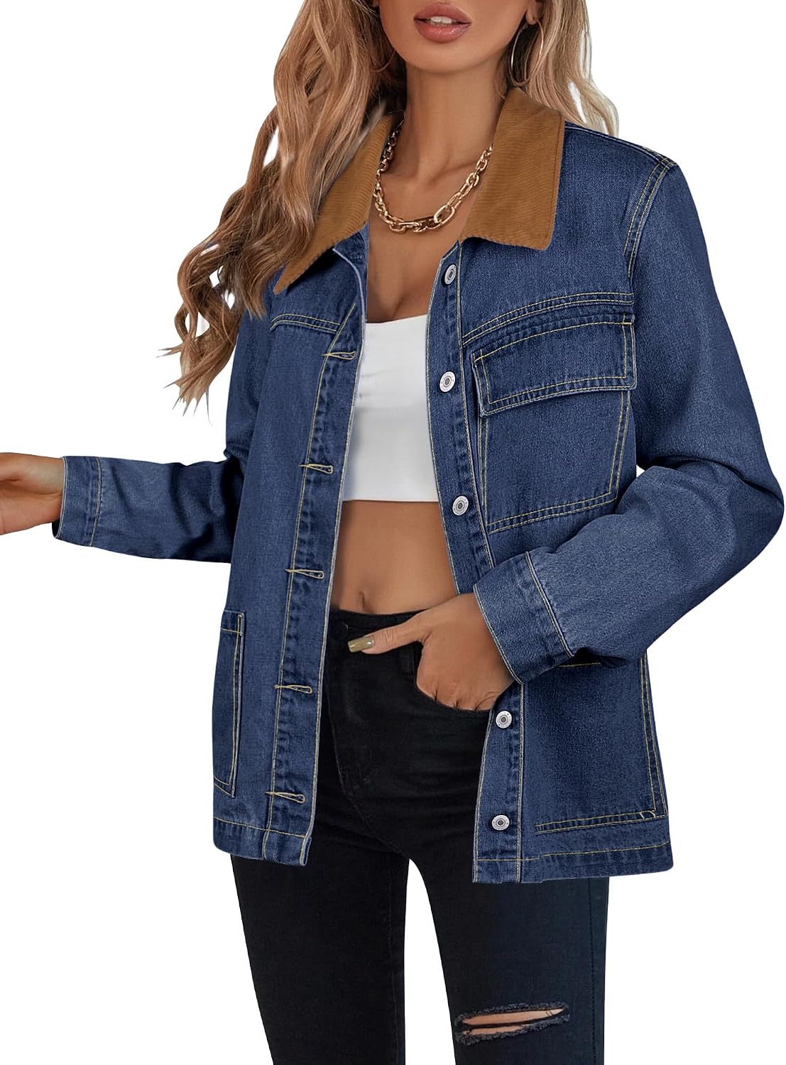 Jean Jacket Women Trendy Button Down Contrast Corduroy Collar Fit Denim Barn Jackets with Pockets