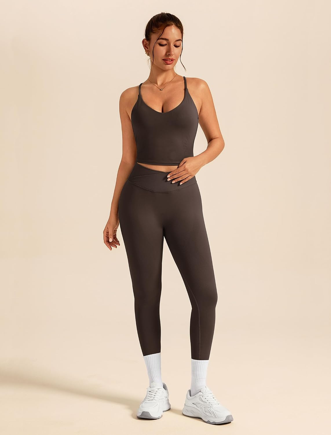 Women's Strappy Cami Tank and Crossover Leggings Coffee