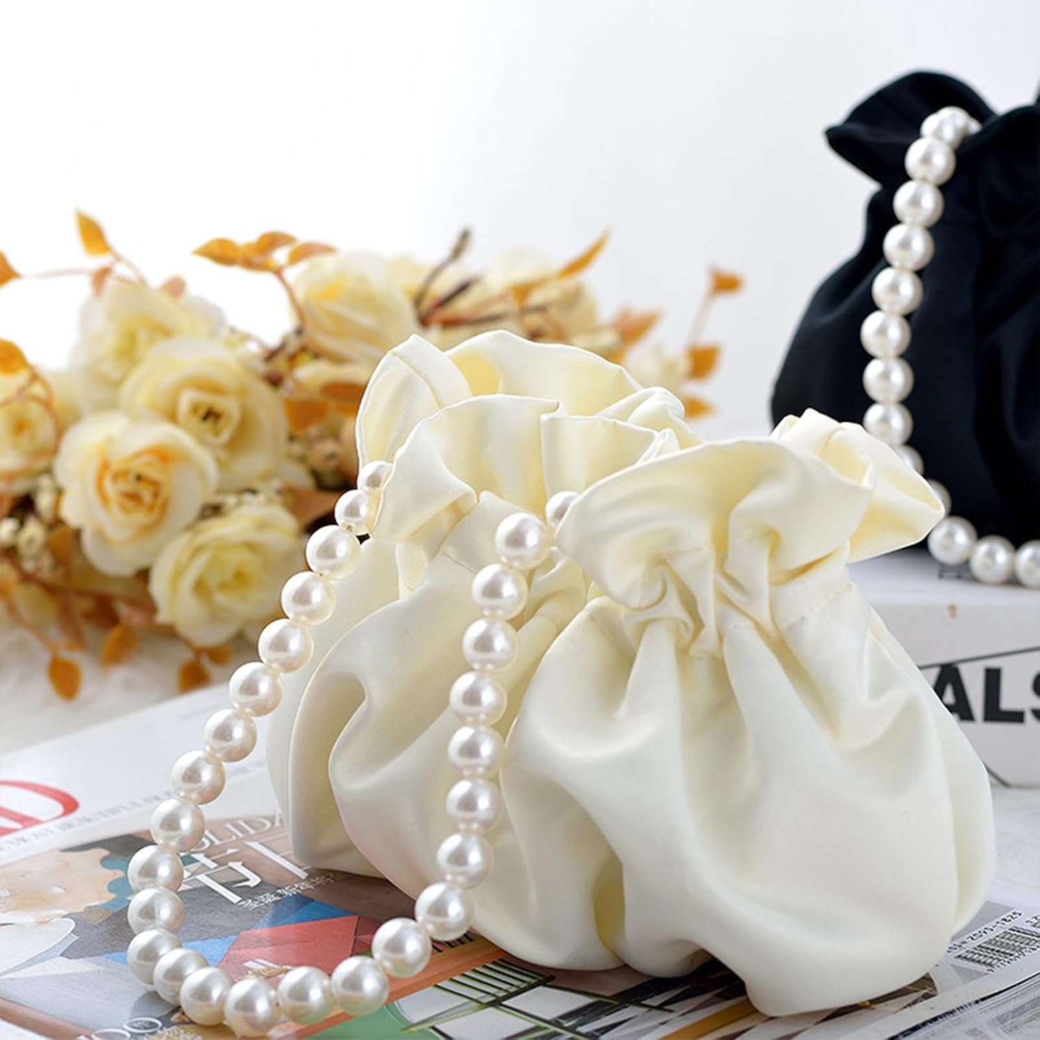 Women's Satin Drawstring Evening Bag with Pearl Chain