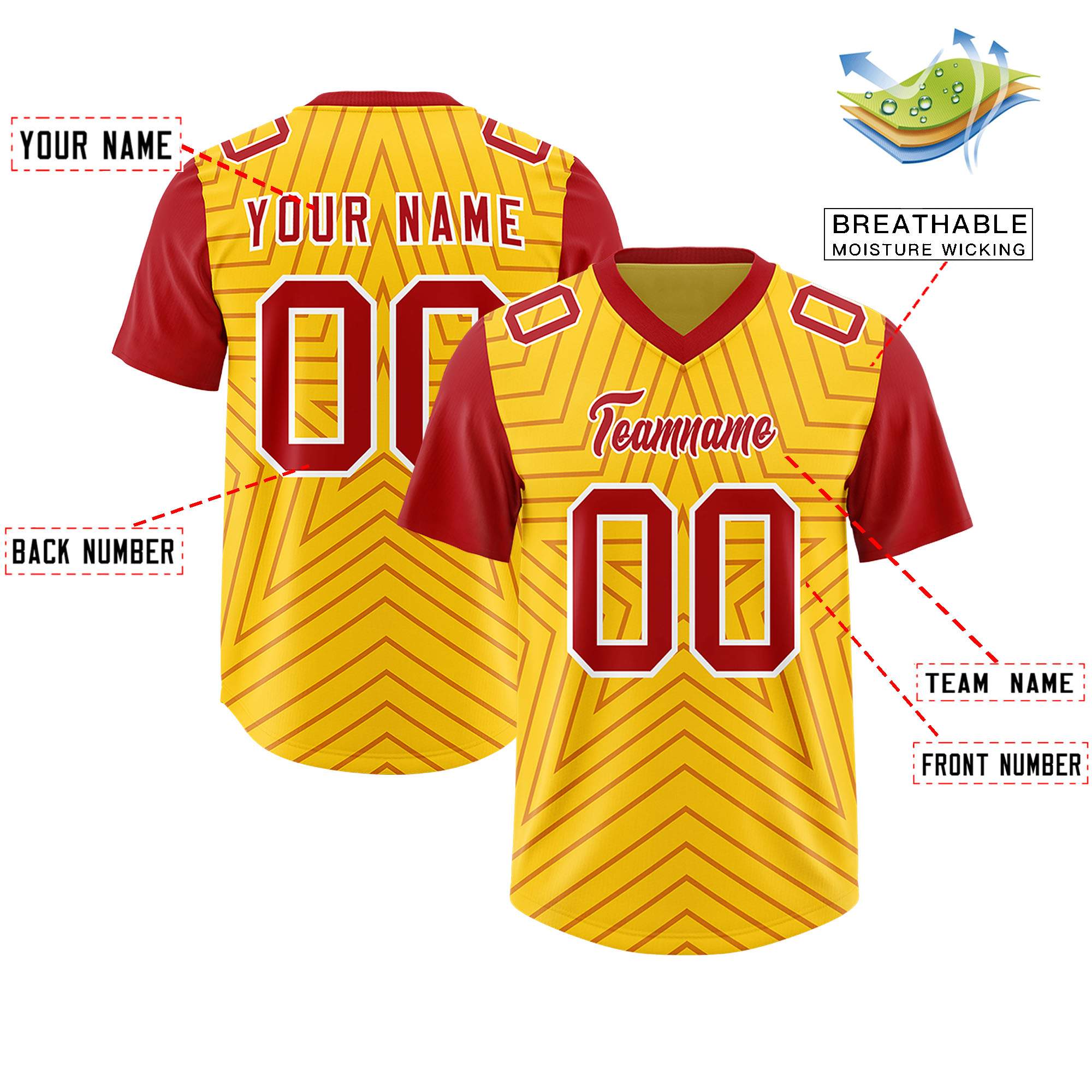 Individuell personalisiertes, authentisches Fußballtrikot mit Raglanärmeln und Sternenmuster