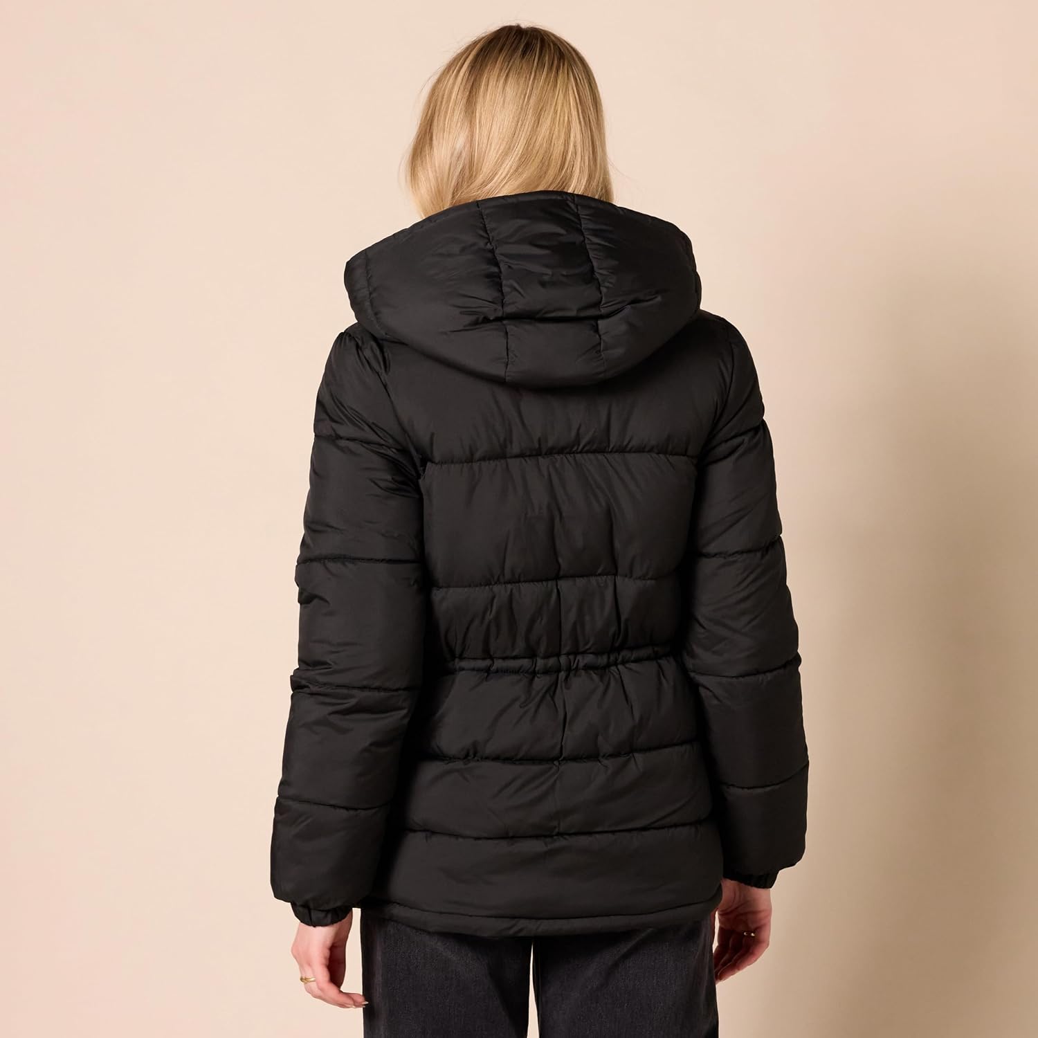 Women's Heavyweight Hooded Puffer Jacket Adjustable Waist Black
