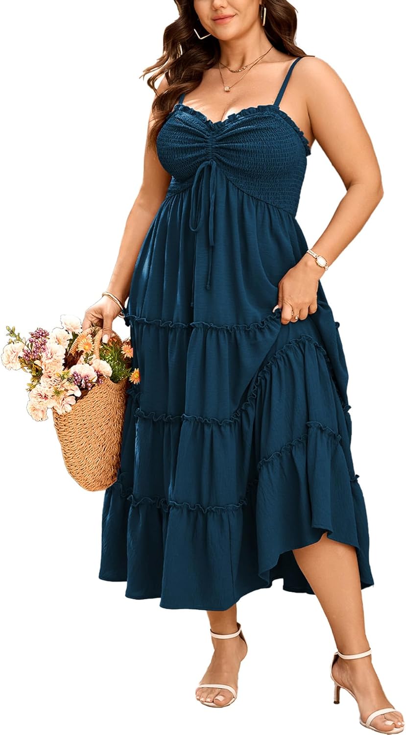 Plus Size Spaghetti Strap Summer Dress Drawstring Sweetheart Smocked Tiered Ruffle Maxi Flowy Casual Boho Dresses