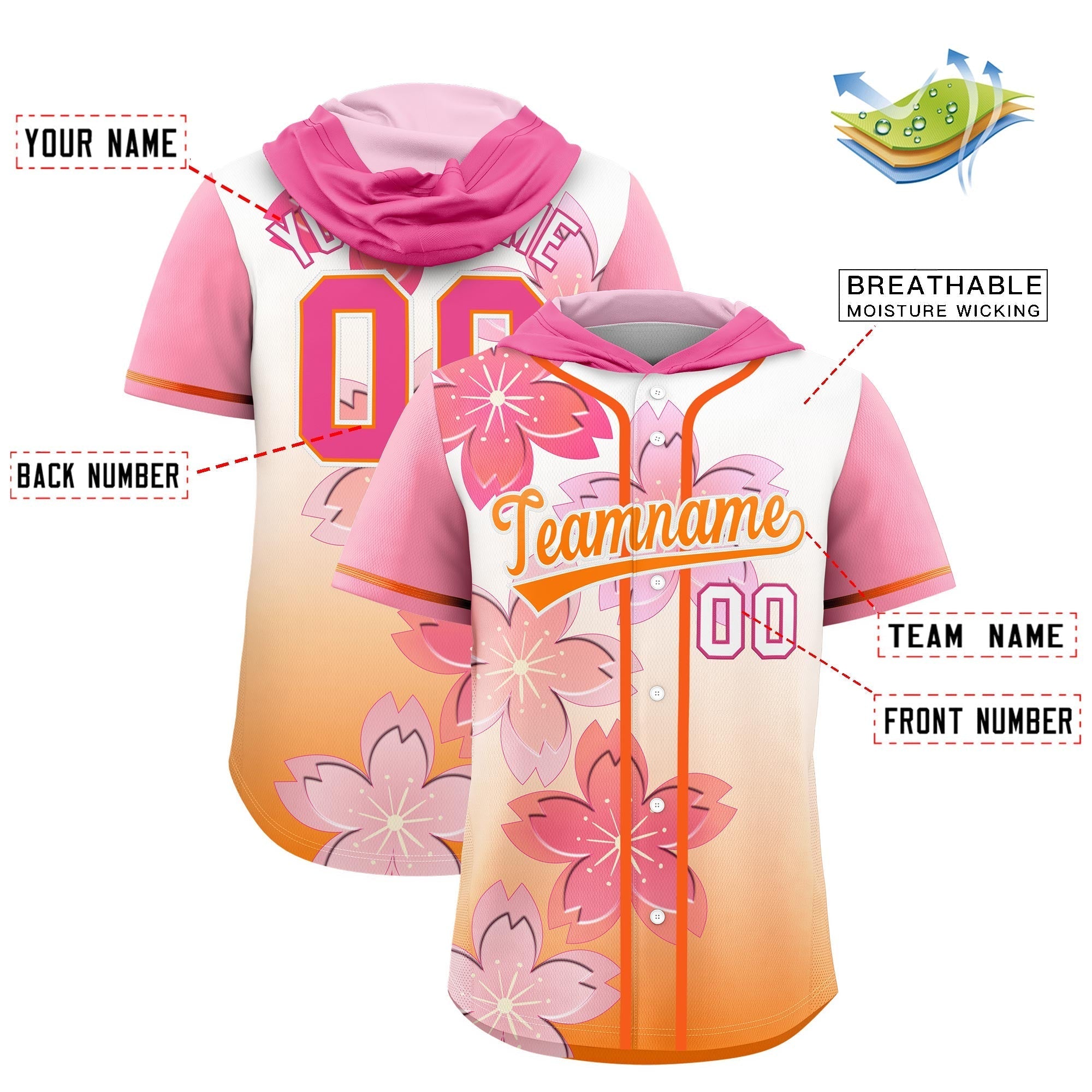 Benutzerdefiniertes Kirschblüten-Raglanärmel-atmungsaktives Baseball-Kapuzentrikot Benutzerdefiniertes Kirschblüten-Raglanärmel-atmungsaktives Baseball-Kapuzentrikot