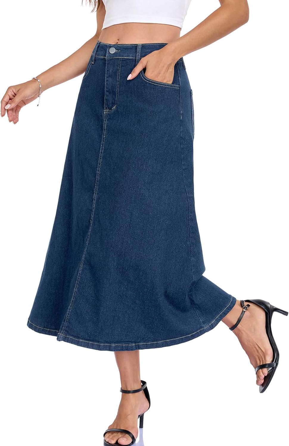 Denim Skirt for Women Strechy High Wasited A Line Casual Midi Jean Skirts with Pockets