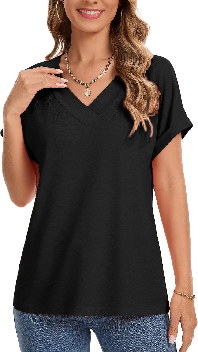 Women's Rolled Short Sleeve V Neck T-Shirt Black