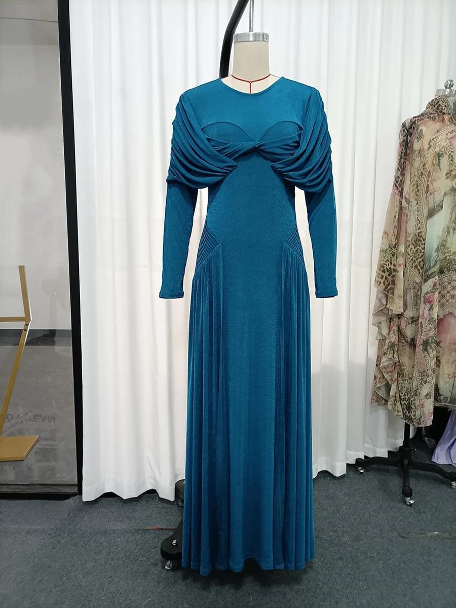 Women's Draped Ruched Maxi Dress Long Sleeve Teal Blue