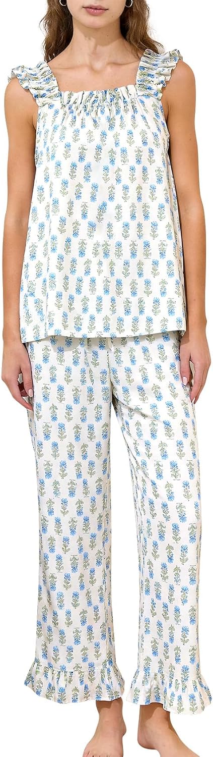 Women's Floral Cotton Pajama Set Tank and Long Pants