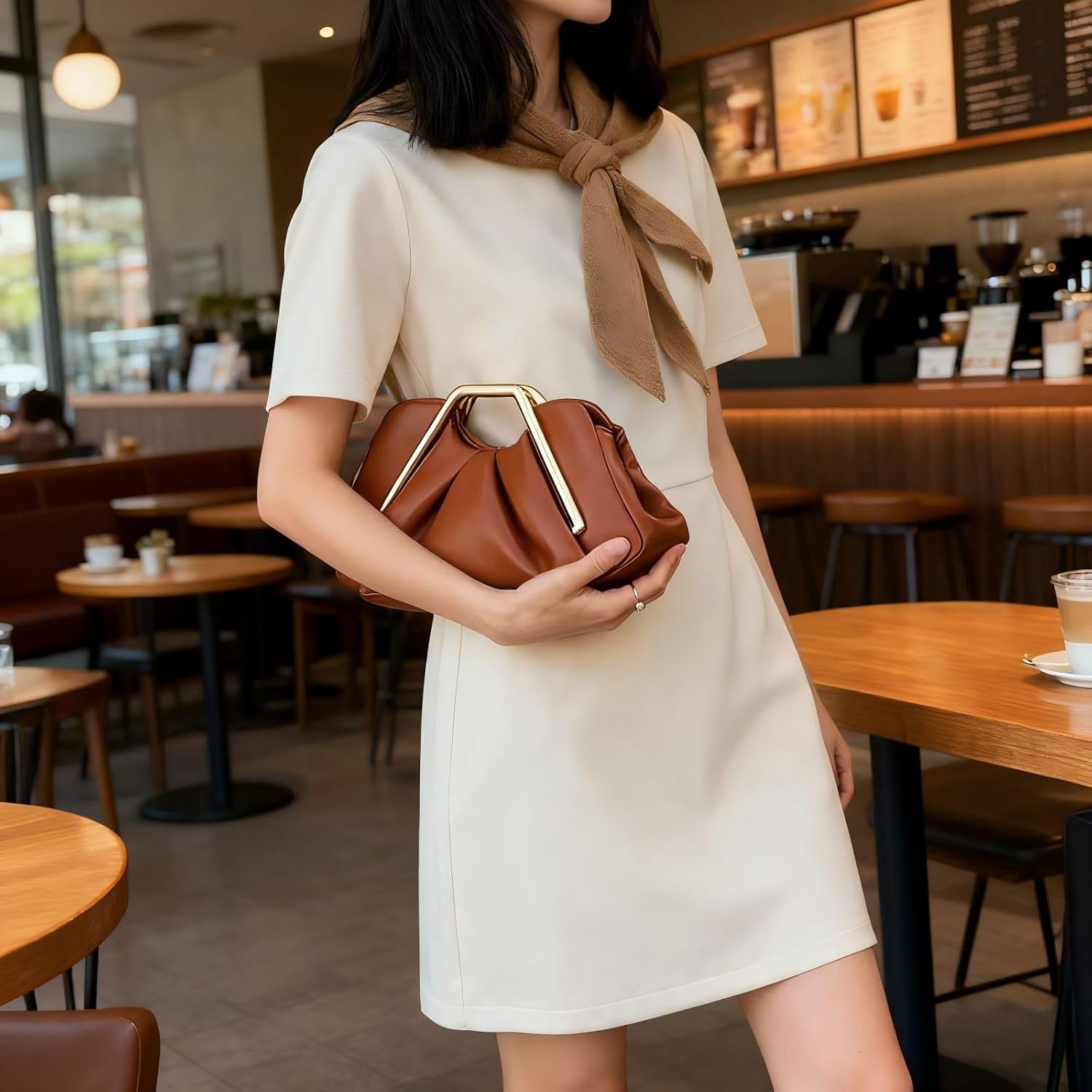 Women's Brown Ruched Dumpling Clutch with Gold Metal Handle