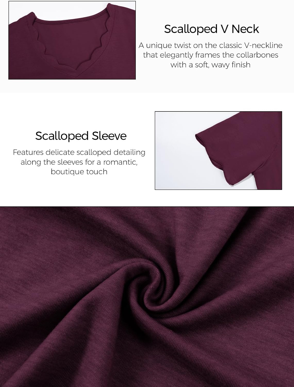 Women's Scalloped V Neck Short Sleeve T-Shirt Purple
