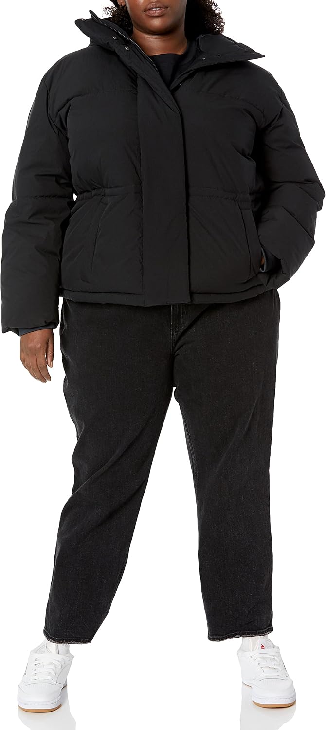 Women's Short Hooded Puffer Jacket Adjustable Waist Black