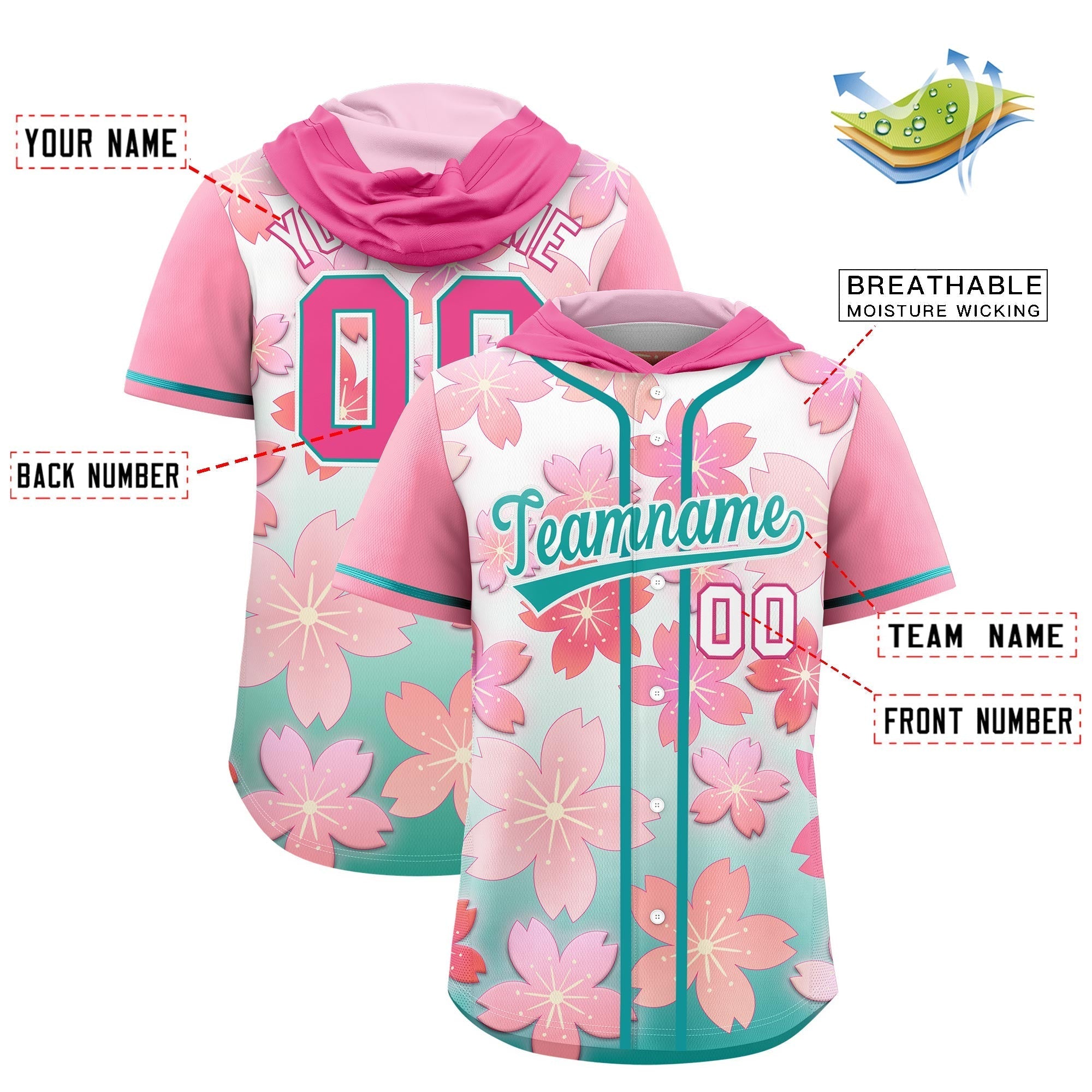 Benutzerdefiniertes Kirschblüten-Raglanärmel-atmungsaktives Baseball-Kapuzentrikot