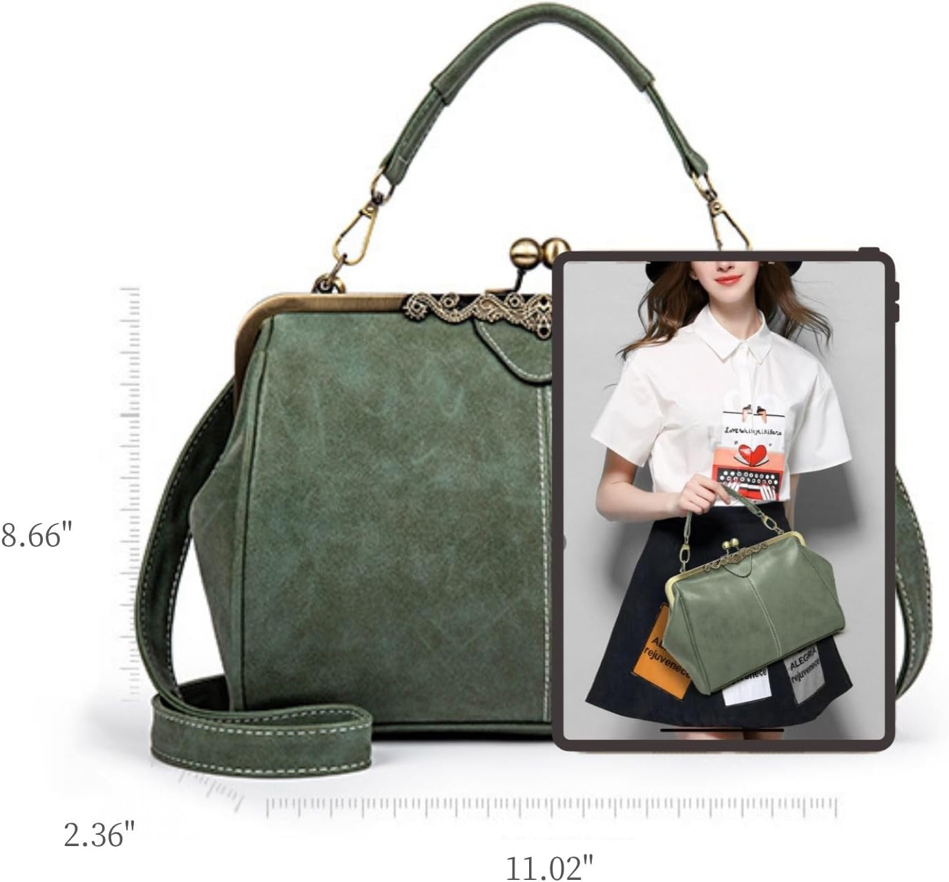 Women's Vintage Kiss Lock Top Handle Satchel Bag Green