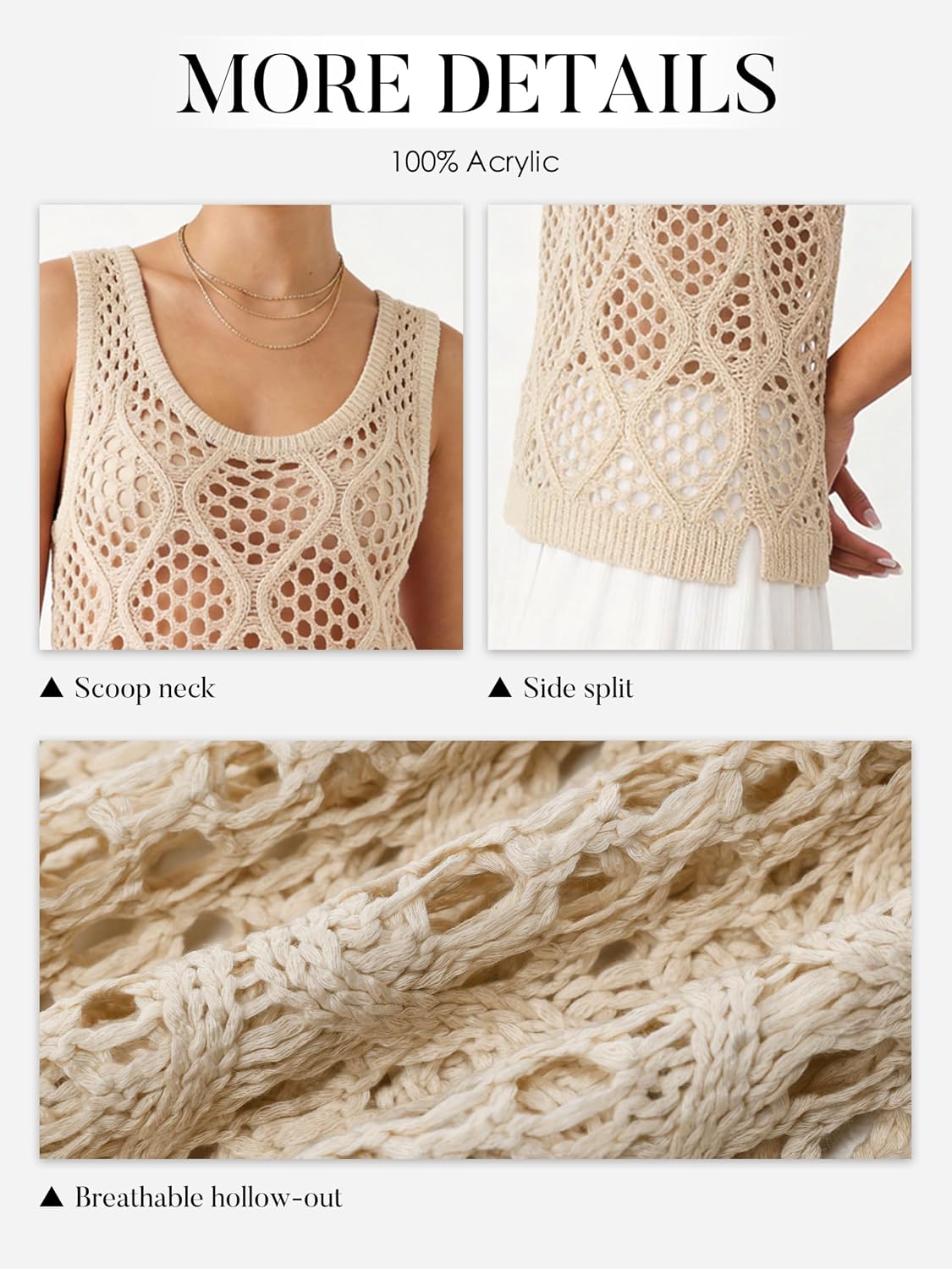 Women's Beige Crochet Scoop Neck Sweater Tank