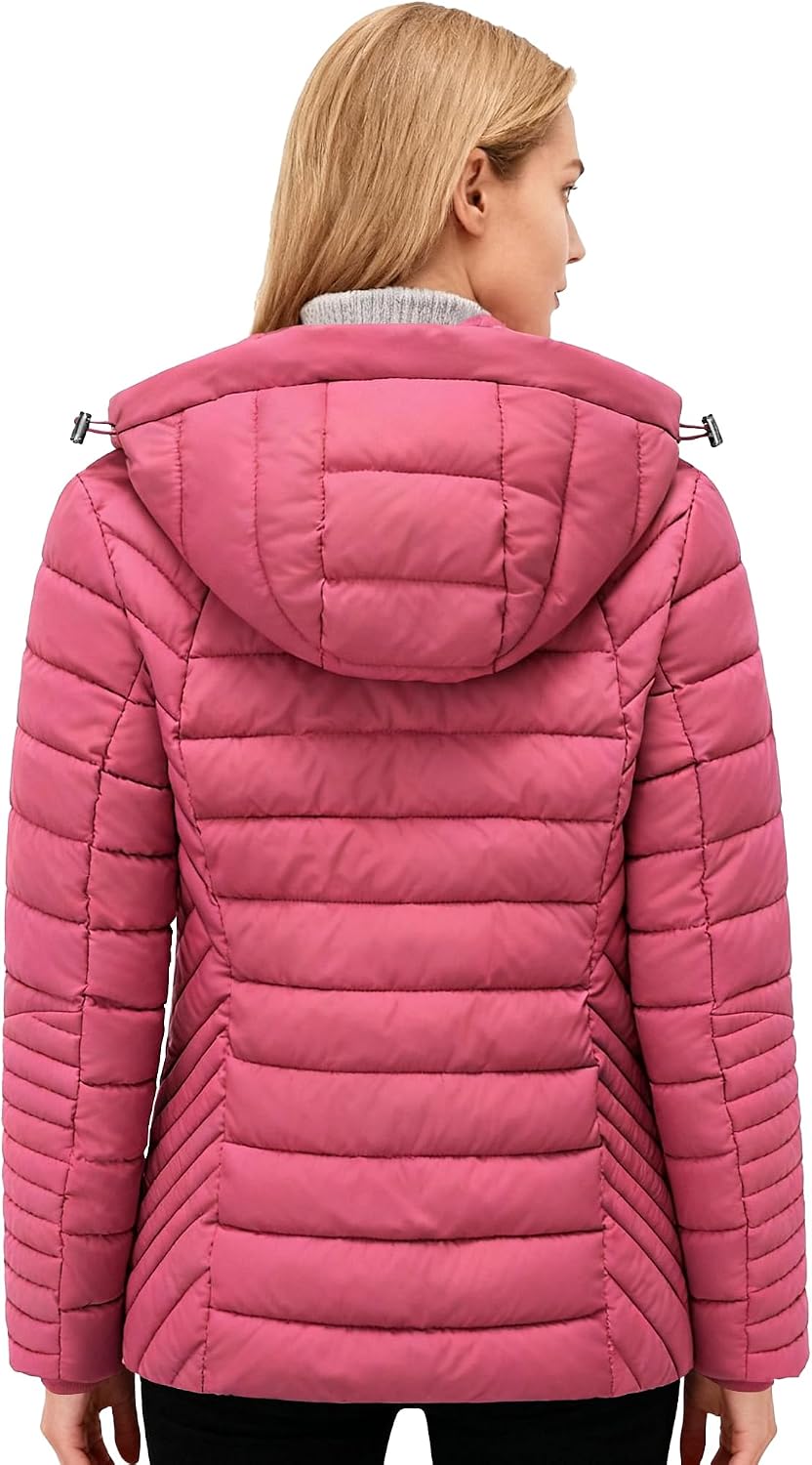 Women's Short Quilted Down Coat Detachable Hood Berry