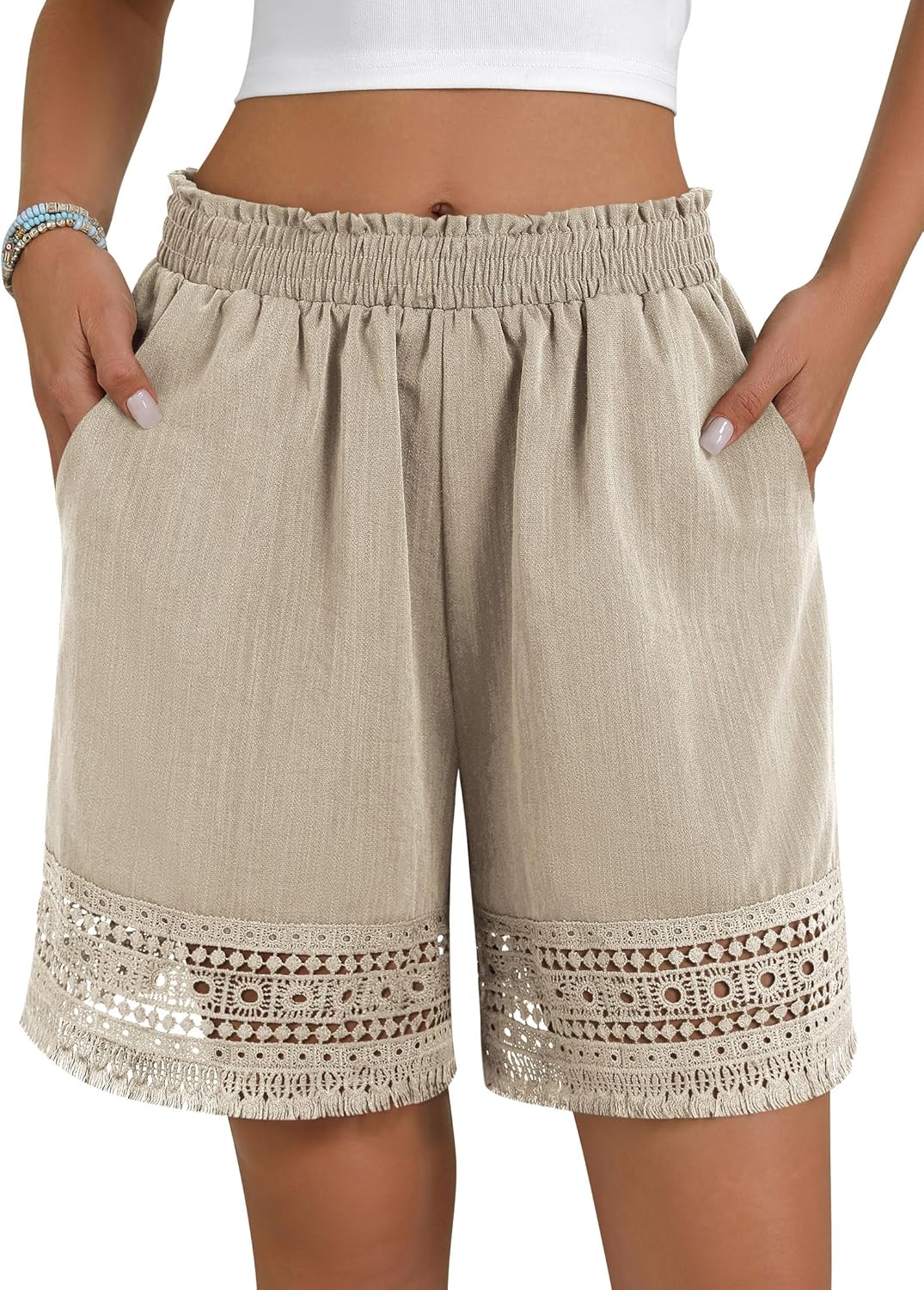 Women's Casual Elastic Waist Lounge Shorts Stretch Lace Trim Summer Beach Linen Ruffle
