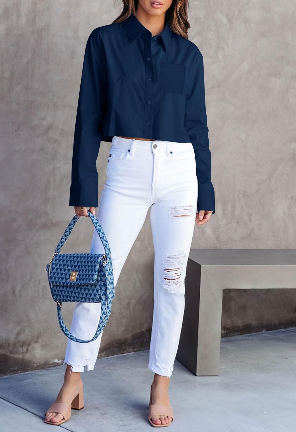 Button Down Shirts for Women Long Sleeve Casual Crop Tops Solid Lapel Blouse Shirt with Pocket