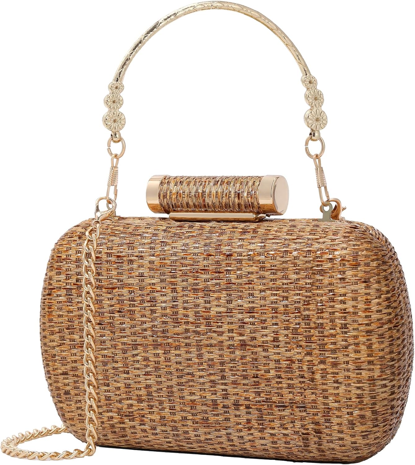 Women's Straw Box Clutch Woven Evening Bag with Chain