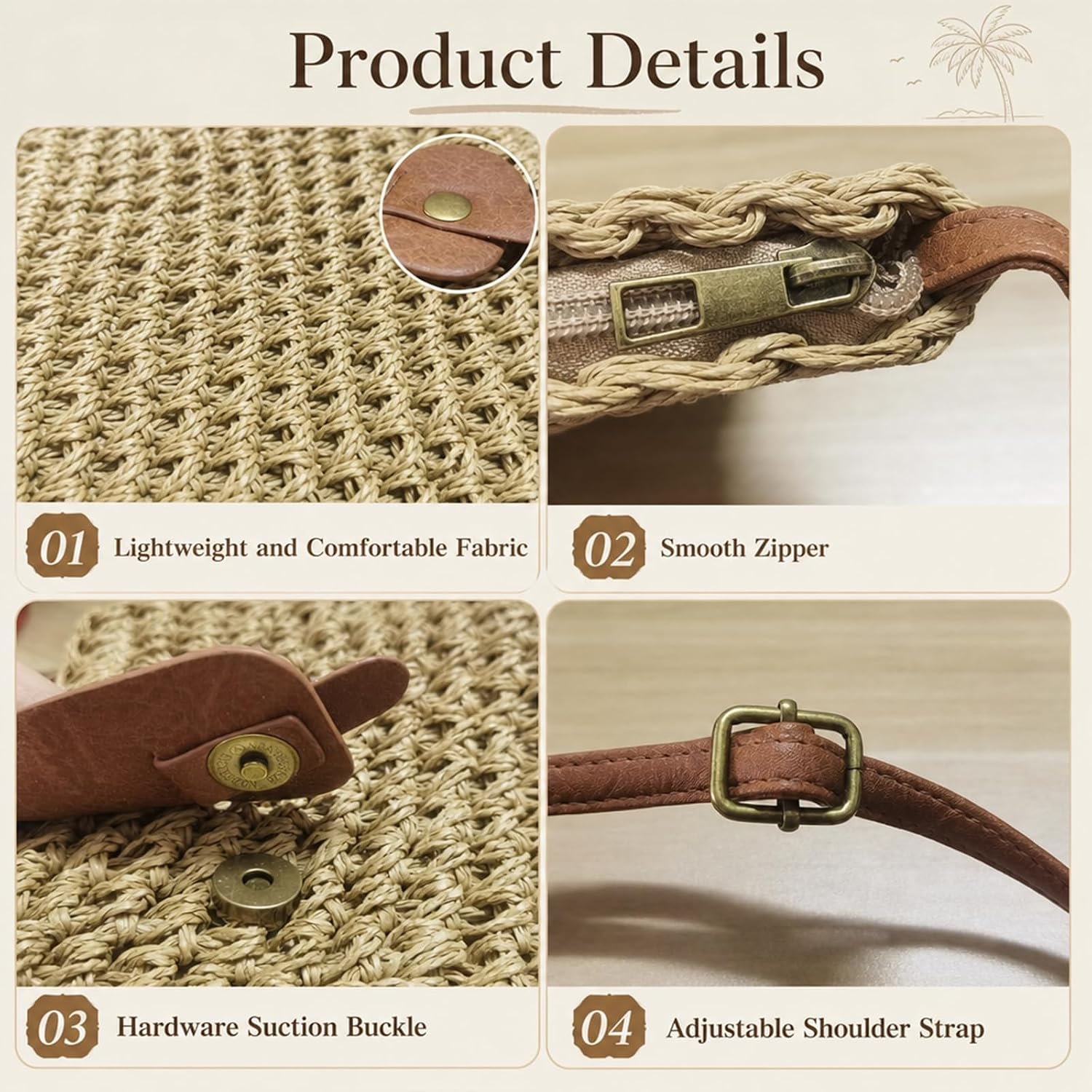 Women's Handwoven Straw Crossbody Bag with Brown Trim Women's Handwoven Straw Crossbody Bag with Brown Trim