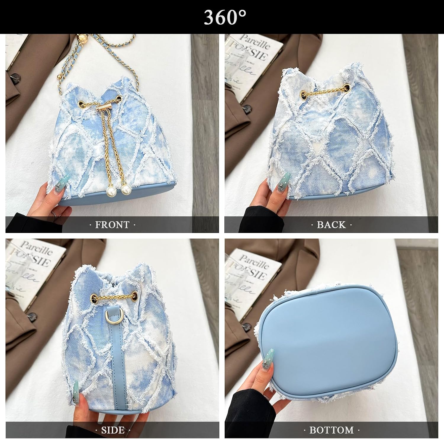 Women's Quilted Denim Bucket Bag with Chain Strap Blue
