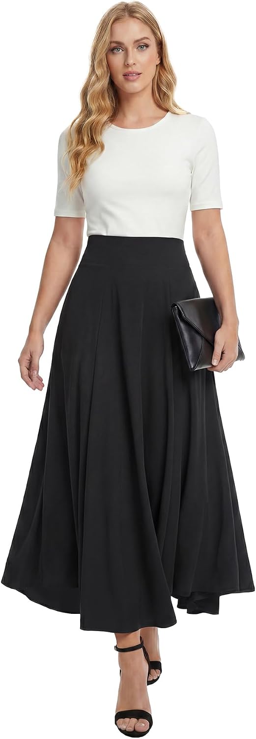 Women's High Waist Maxi Skirts Pleated A Line Flared Flowy Elastic Long Skirt with Pockets