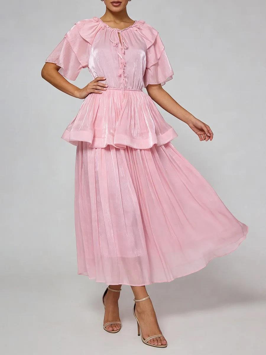 Women's Tiered Maxi Dress Flutter Sleeve Tie Waist Rust