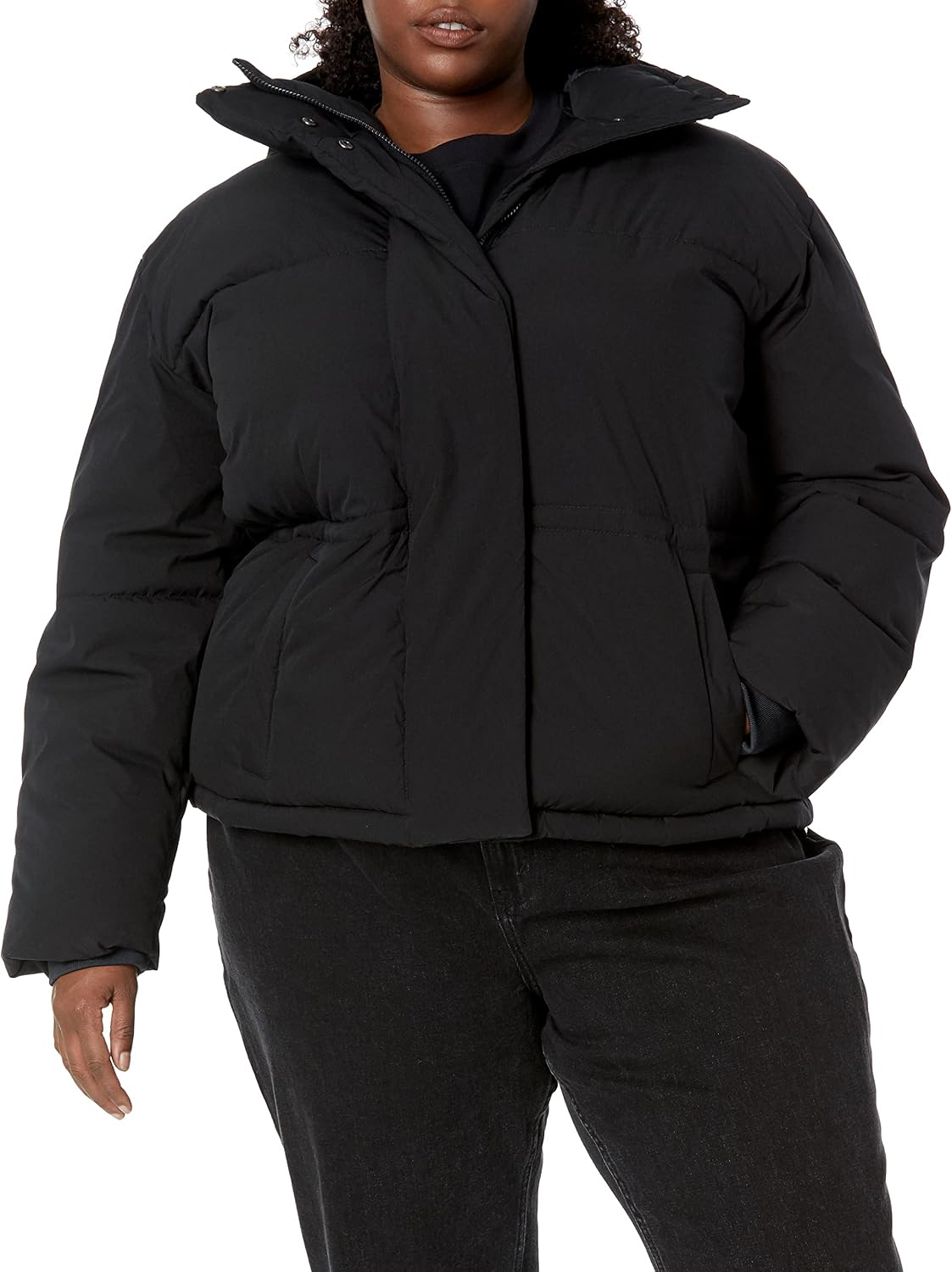 Women's Short Hooded Puffer Jacket Adjustable Waist Black