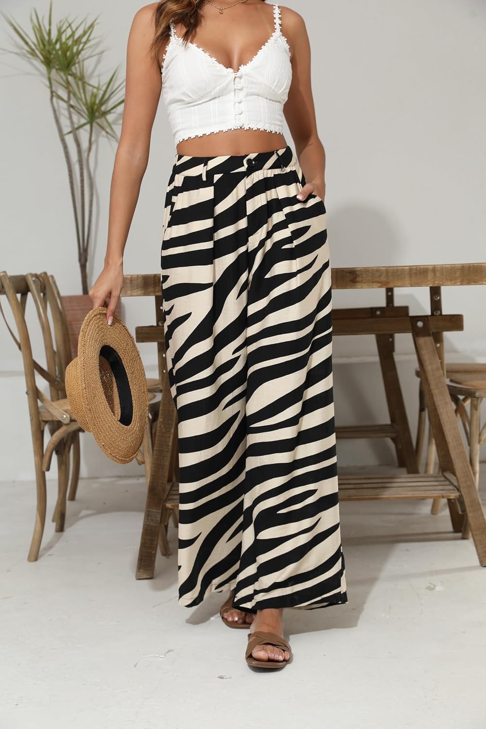 Women Elastic Waist Palazzo Wide Leg Zipper and Button Dress Pant with Pockets for Office Vocation