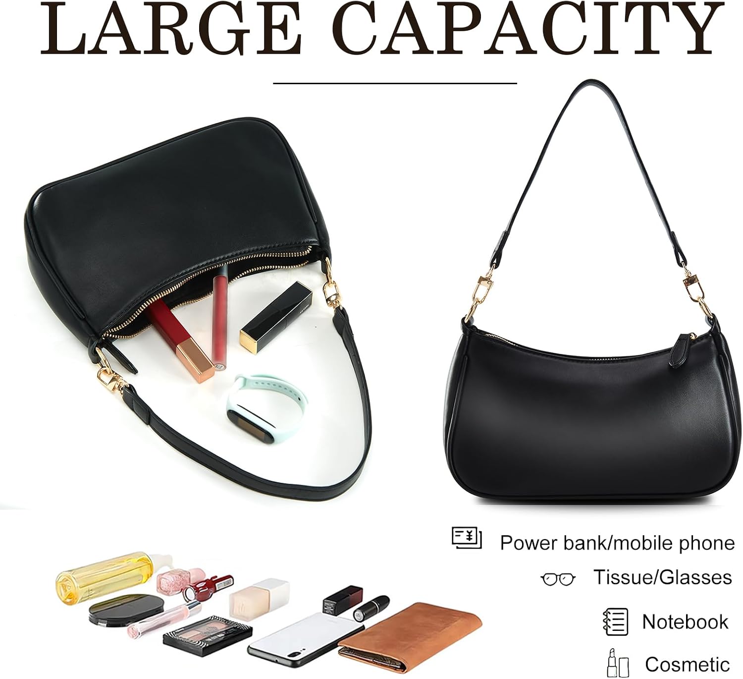 Women's Black PU Crescent Shoulder Bag Chain Accent