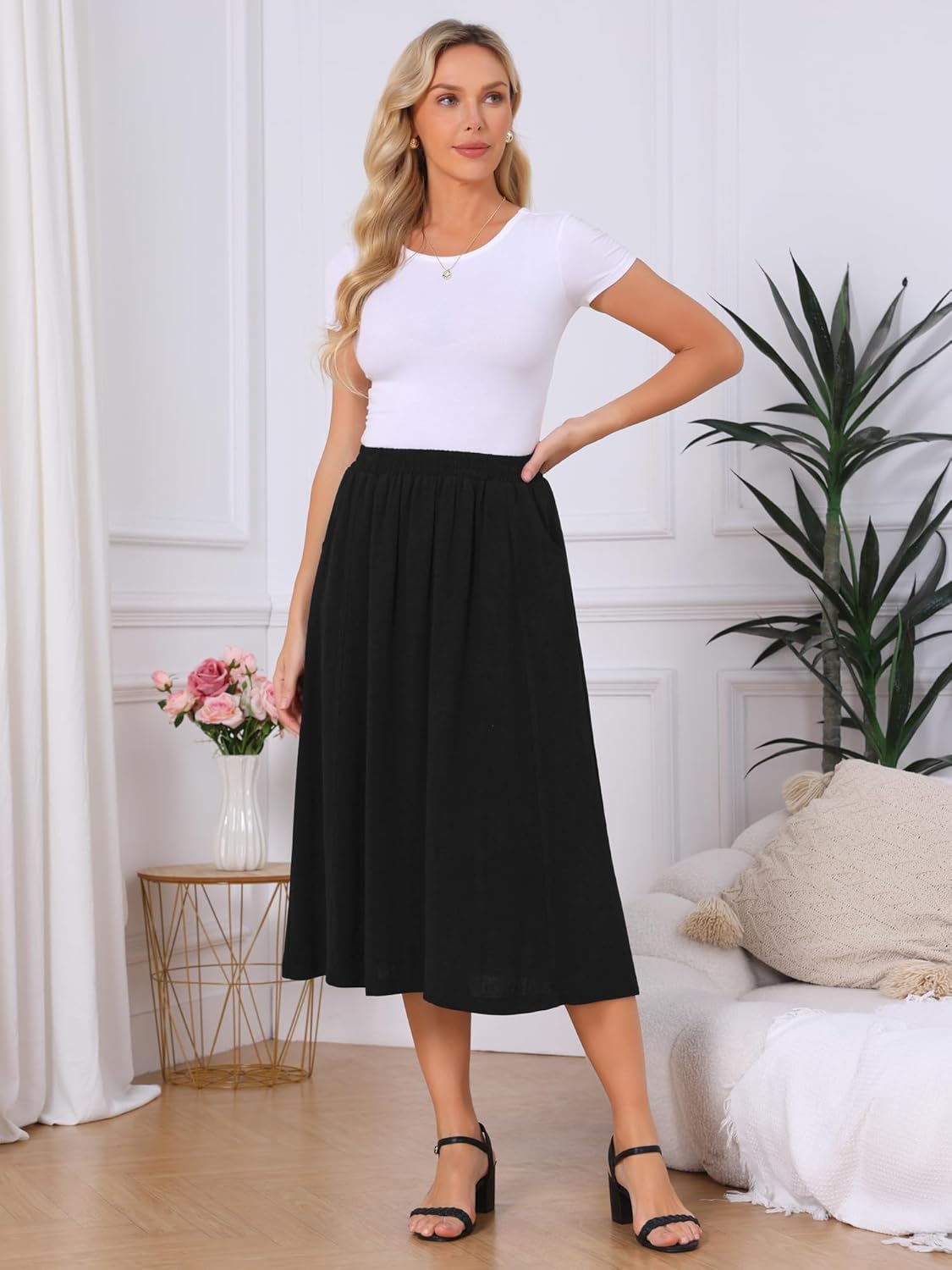 Women's Linen Skirt Summer Casual Flowy Swing Elastic High Waist A-Line Boho Midi Skirts with Pockets