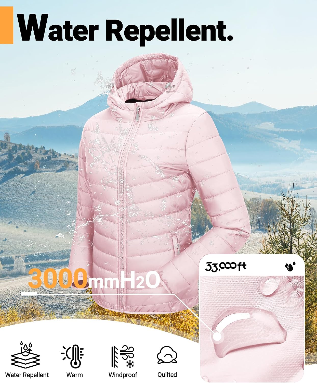 Women's Packable Hooded Puffer Jacket Lightweight Pink