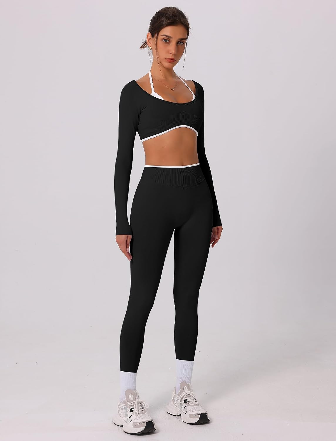 Women's Long Sleeve Crop Top and Leggings Set Black