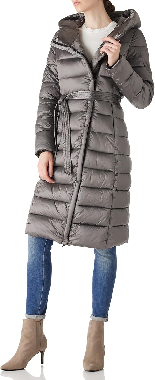 Women's Long Belted Puffer Coat High Neck Charcoal