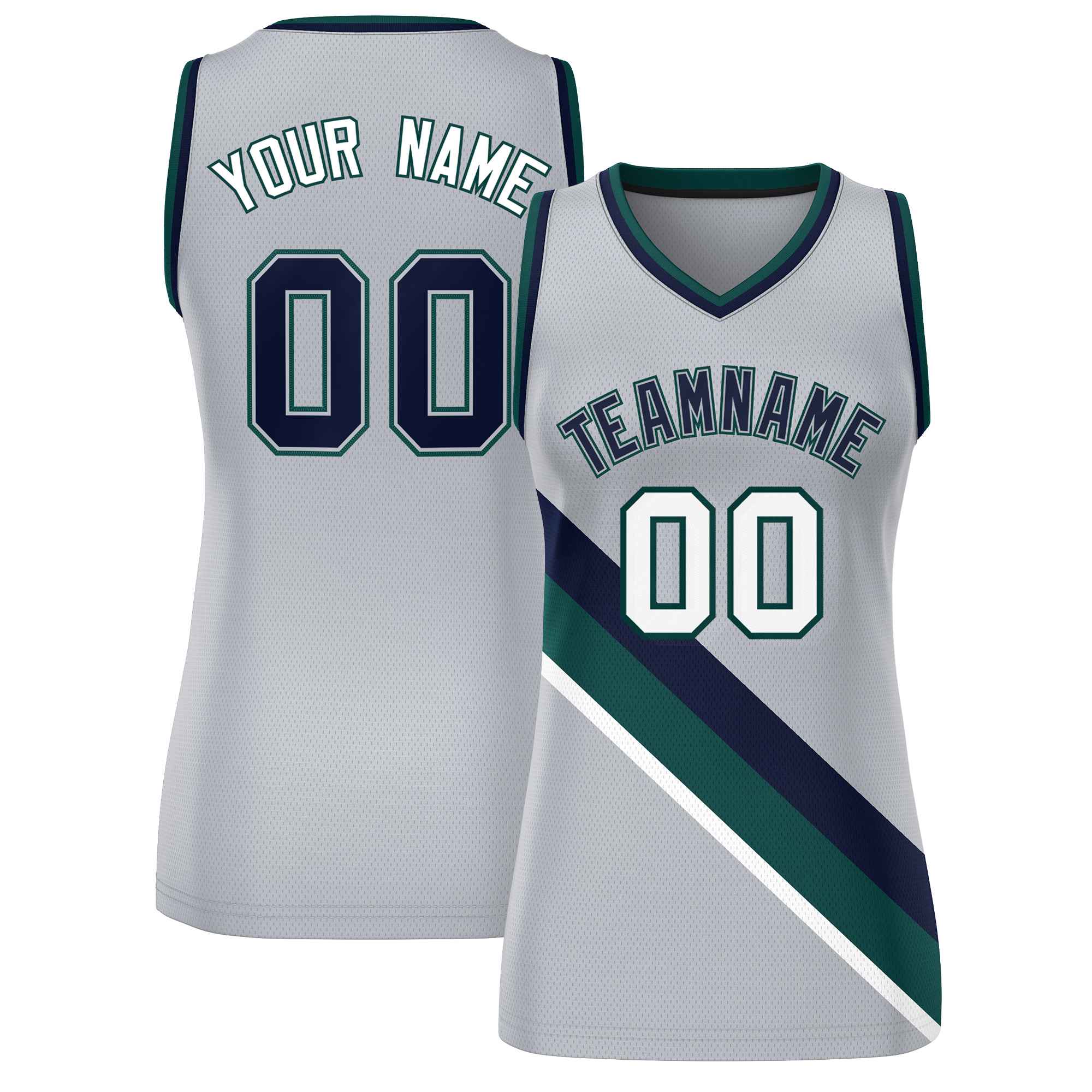 Maßgeschneidertes hellgraues, marineblaues und mitternachtsgrünes, dickes Slash Fashion Tops Mesh-Basketballtrikot für Damen