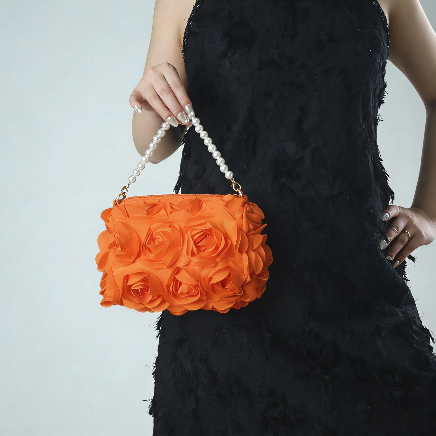 Women's Orange 3D Flower Clutch with Pearl Handle