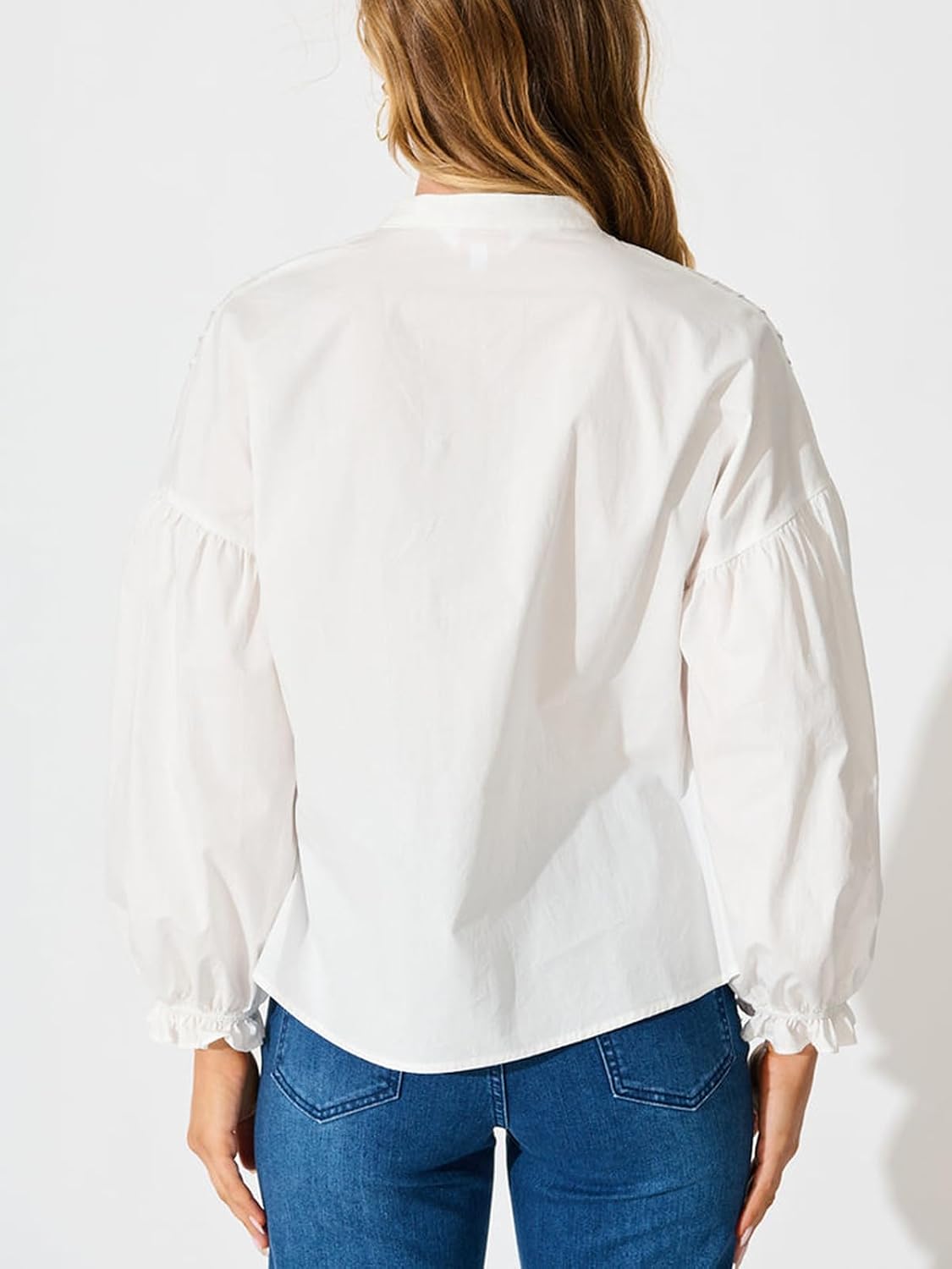 Women's Button Down Shirts Mandarin Collar V Neck Long Sleeve Blouse Pleated Shirt
