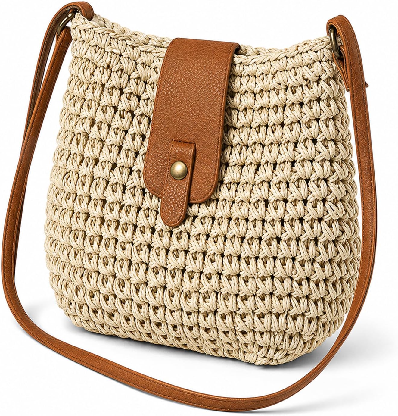 Women's Handwoven Straw Crossbody Bag with Brown Trim