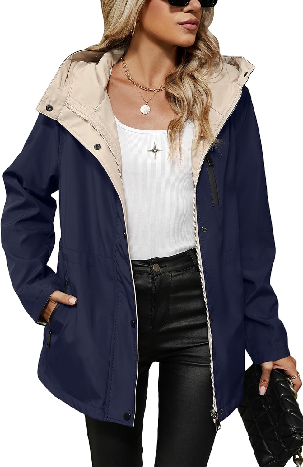 Women's Lightweight Hooded Rain Jacket Waterproof Navy Blue