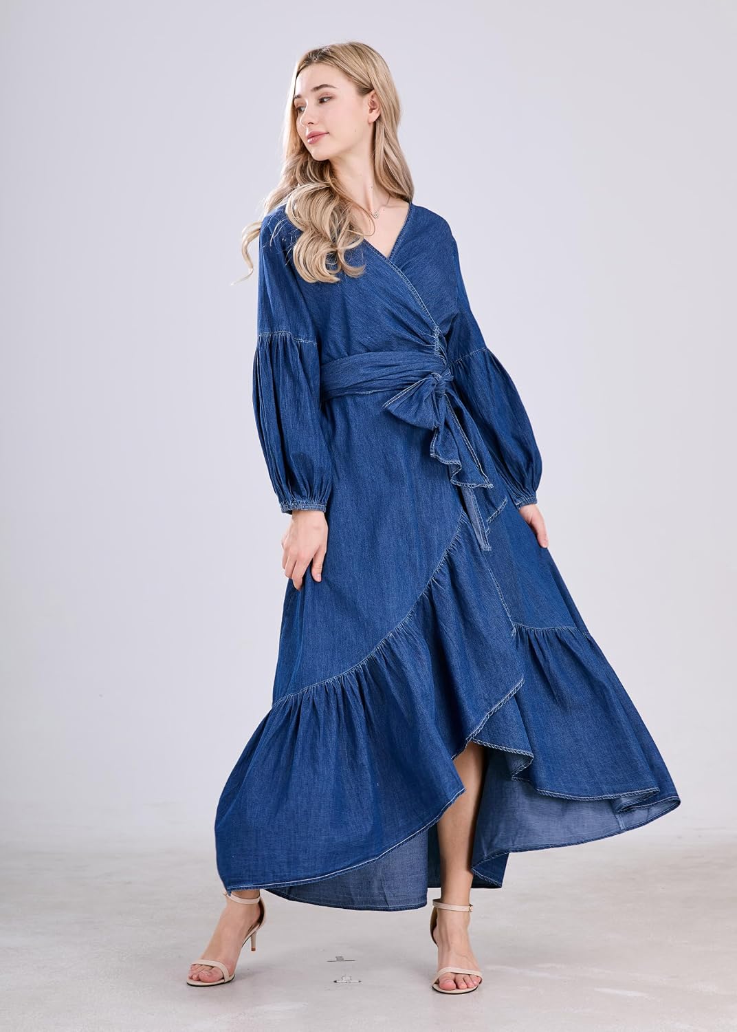 Womens Casual Belted Long Sleeve Denim Dress Wrapped V-Neck Ruffle Hem Maxi Dresses for Women