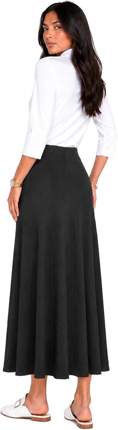 Women's Faux Denim Knit A-Line Maxi Skirt Black