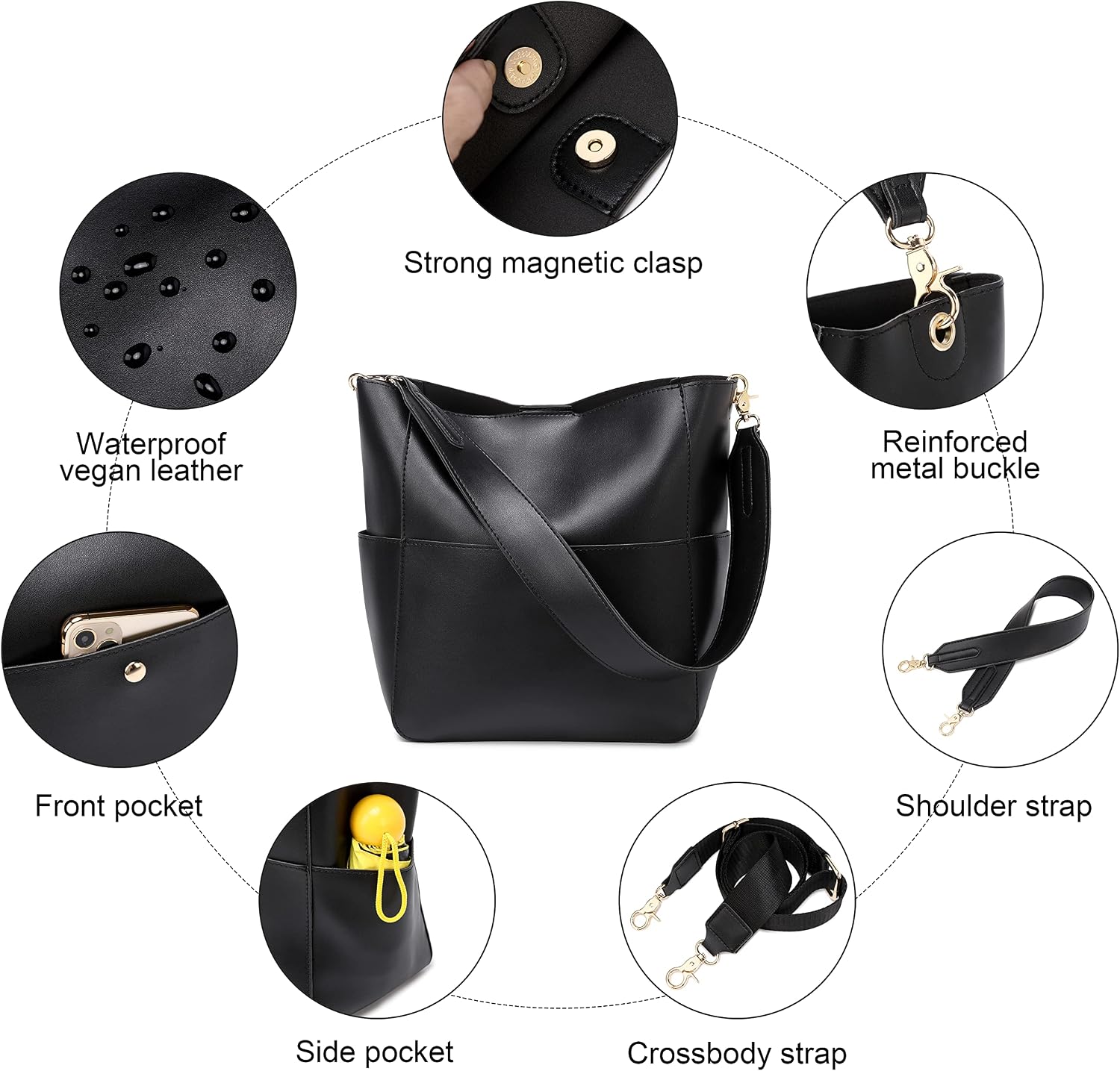 Women's Soft Vegan Leather Hobo Tote Bag Black Women's Soft Vegan Leather Hobo Tote Bag Black