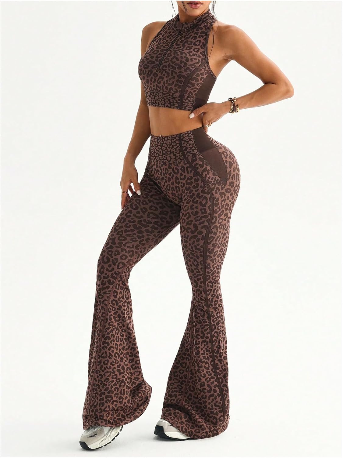 Women's Leopard Print 2 Piece Flare Leggings Workout Set