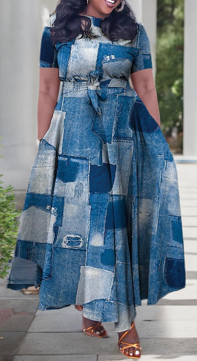 Plus Size Dress A Line Dresses for Women Summer Long with Sleeve Casual Belted