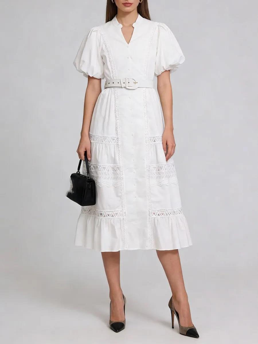 Women's Belted Lace Trim Maxi Dress Puff Sleeve Pink