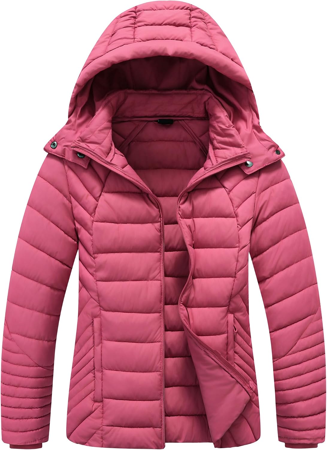 Women's Short Quilted Down Coat Detachable Hood Berry